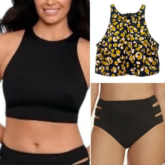 Beach Betty 3 Pc Bikini Set Black Swim Top & Bottom & Leopard Crop Top Size M/L - Picture 1 of 16